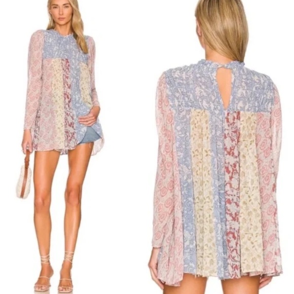 Free People Merrie Mix Print Baby Doll Style Tunic Lilac Combo Size Medium - Picture 1 of 14